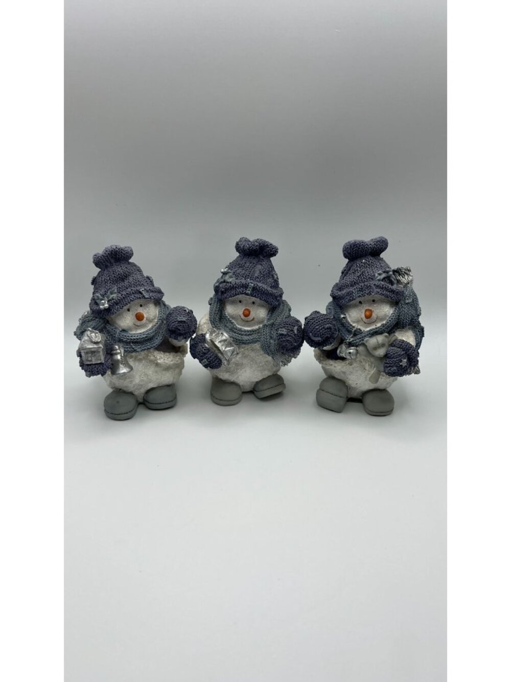 Set Of 3 Snowman Figurines With Knitted Hat & Scarf Glitter Finish Winter Decor